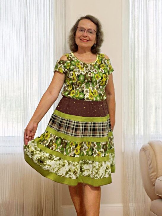 A creative fashion sewing tutorial showing a colorful tiered skirt made from coordinated fabric pieces.