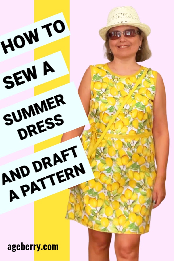 A bright summer dress with a cheerful lemon print, featured in a fashion sewing tutorial on how to draft a pattern and sew a dress.