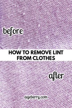 Side-by-side comparison of a lavender cashmere fabric before and after lint removal, with one showing lint and the other smooth and clean. Text overlay reads "How to Remove Lint From Clothes."