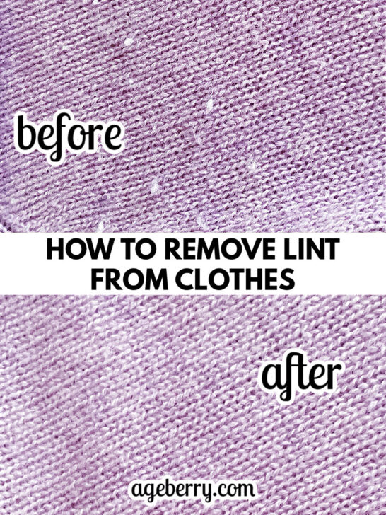Side-by-side comparison of a lavender cashmere fabric before and after lint removal, with one showing lint and the other smooth and clean. Text overlay reads "How to Remove Lint From Clothes."