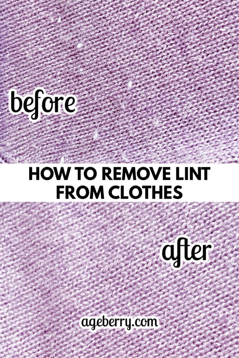 Side-by-side comparison of a lavender cashmere fabric before and after lint removal, with one showing lint and the other smooth and clean. Text overlay reads "How to Remove Lint From Clothes."