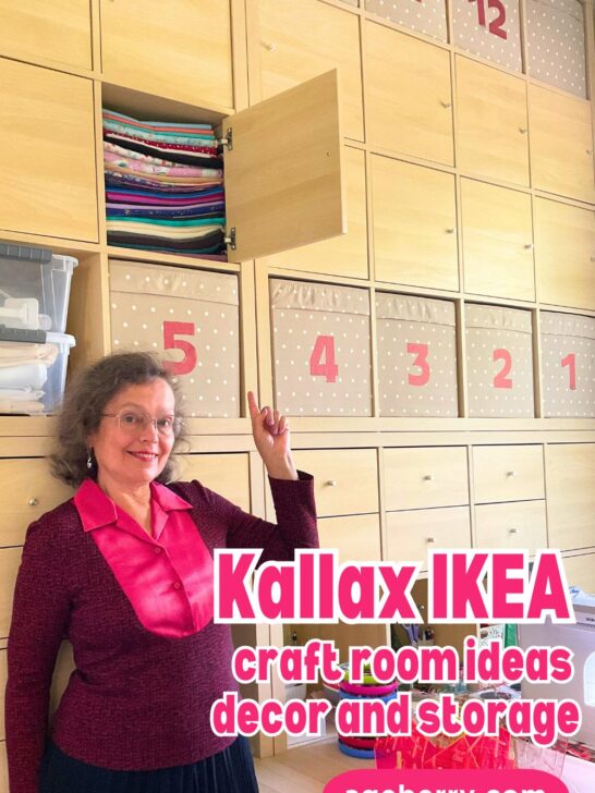 Pin showcasing an organized IKEA Kallax craft room with numbered fabric bins, hidden storage, and colorful fabric stacks. Includes ideas for decor, storage, and creative inspiration