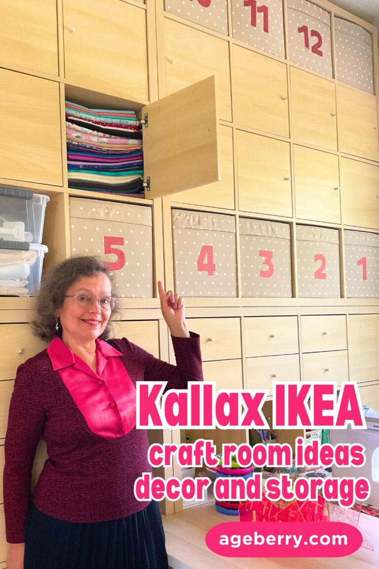 Pin showcasing an organized IKEA Kallax craft room with numbered fabric bins, hidden storage, and colorful fabric stacks. Includes ideas for decor, storage, and creative inspiration