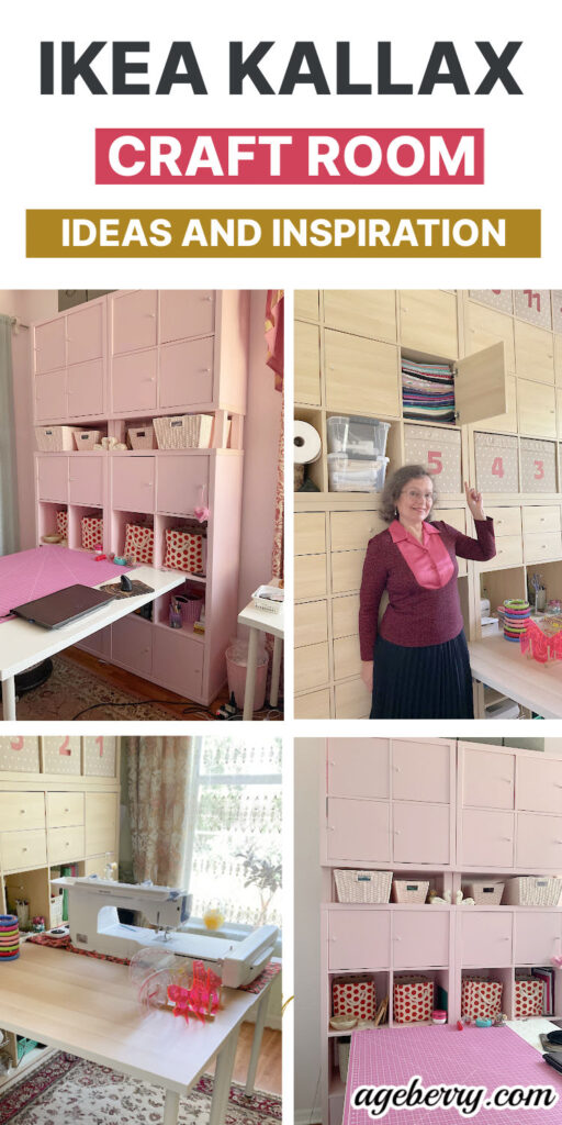 Pin featuring IKEA Kallax craft room setup with pink and wooden units, creative storage ideas, and functional desks for sewing and crafting inspiration. Includes numbered bins, organized shelves, and decor elements to transform your space.