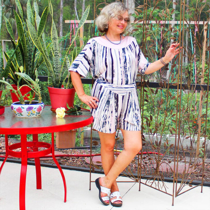 Image of a woman wearing an ensemble made out of knit fabric using a serger instead of a classic sewing machine