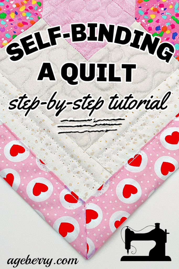 Close-up of a mitered corner on a quilt with a pink and red heart backing, featuring text overlay: "Self-Binding a Quilt - Step-by-Step Tutorial," showcasing a clean self-binding quilt finish.