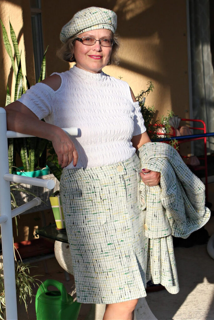 Inspiration for a Chanel-inspired skirt crafted from tweed-like fabric, part of a fashion sewing tutorial series.