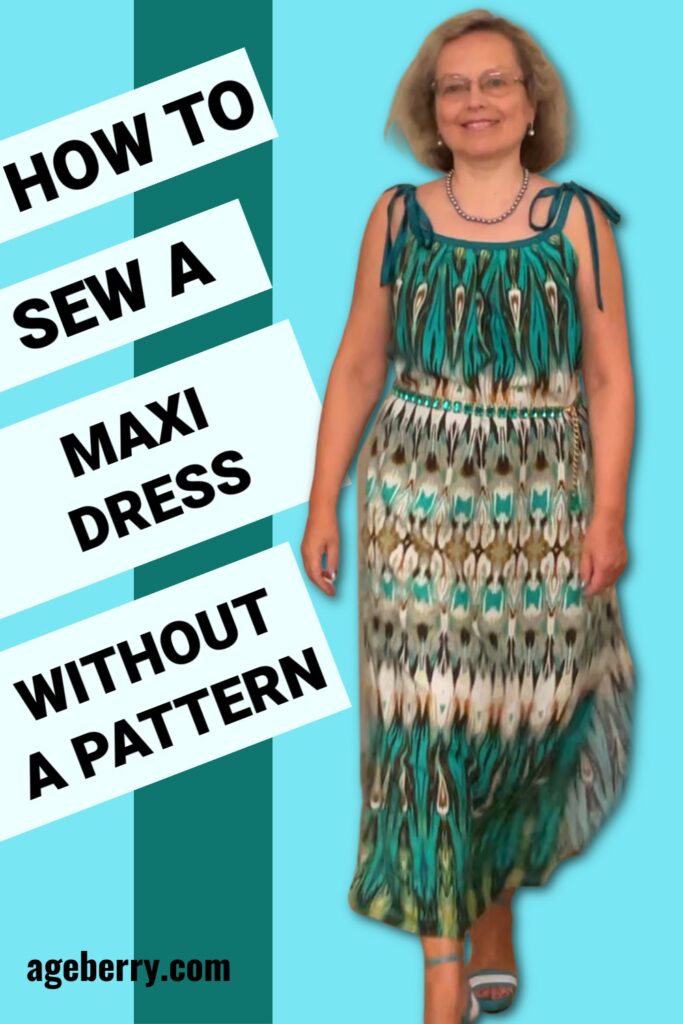 A fashion sewing tutorial for crafting a maxi dress without a pattern, featuring a dynamic green and teal design.