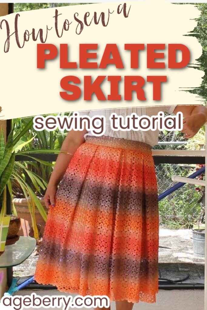 An orange and brown pleated skirt in gradient tones, displayed as part of a detailed fashion sewing tutorial.