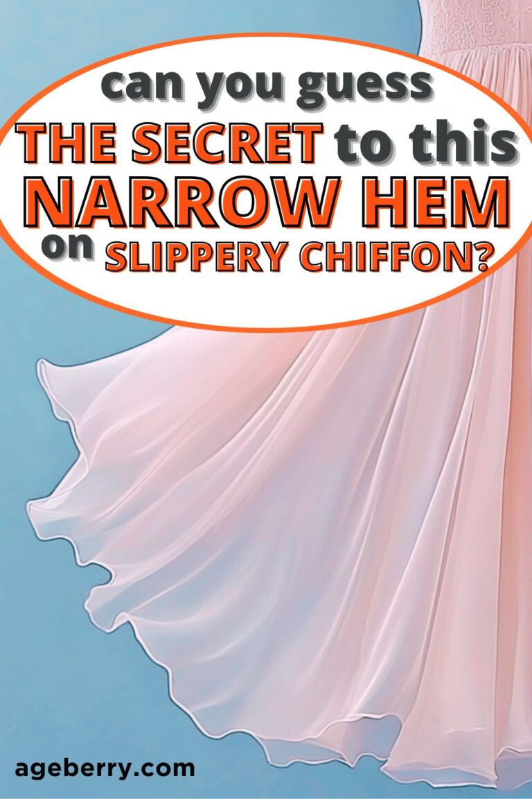 A flowing chiffon dress in soft pink hues with a beautifully sewn narrow hem. The text overlay hints at the secret to achieving this hem on slippery chiffon fabric.