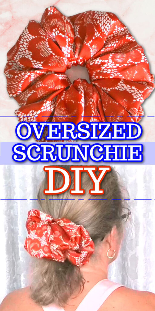 An oversized red scrunchie with a patterned design is displayed alongside a woman wearing it in her hair.