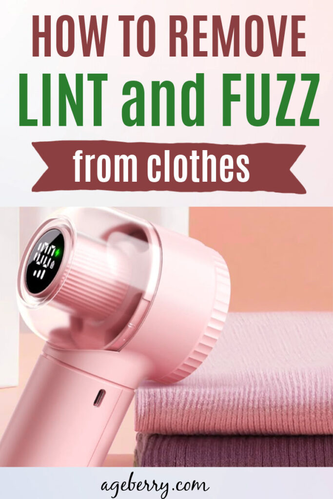 A pink handheld fabric shaver displayed on a folded pink sweater with the text "How to Remove Lint and Fuzz from Clothes."