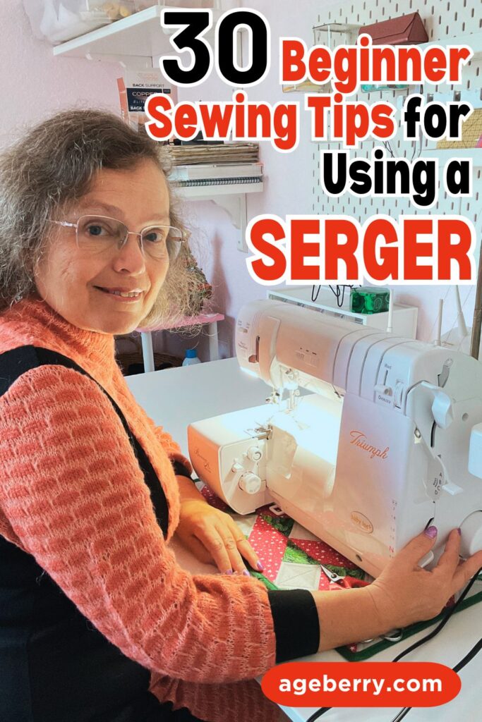 A woman sits at a sewing table using a serger machine Baby Lock Triumph. She is smiling and surrounded by a tidy workspace with shelves and sewing supplies. The text overlay reads, "30 Beginner Sewing Tips for Using a Serger"