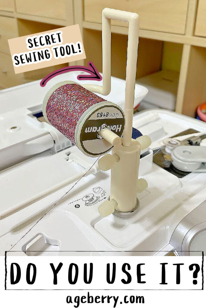 A sewing machine with a thread spool pin adapter holding a holographic thread spool, demonstrating how this sewing tool helps with smooth thread rotation and proper unwinding for specialty threads