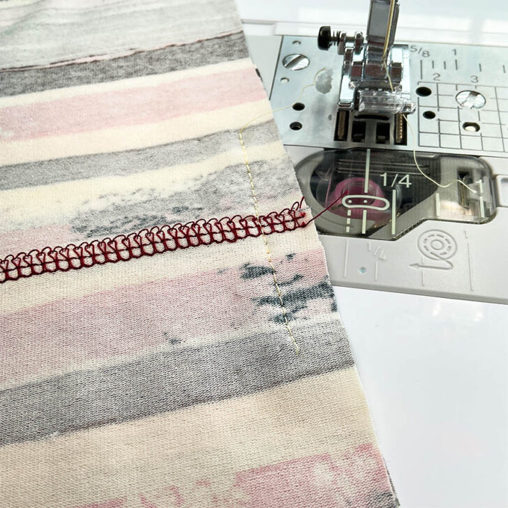 Short basting stitch around the seam area. This short section of stitching allows you to verify the alignment accuracy before completing the entire seam on your serger.