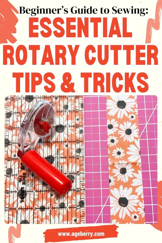 A close-up of a rotary cutter placed on a floral fabric with a quilting ruler, set on a pink cutting mat. The text overlay introduces essential rotary cutter tips and tricks for beginners in sewing and quilting.