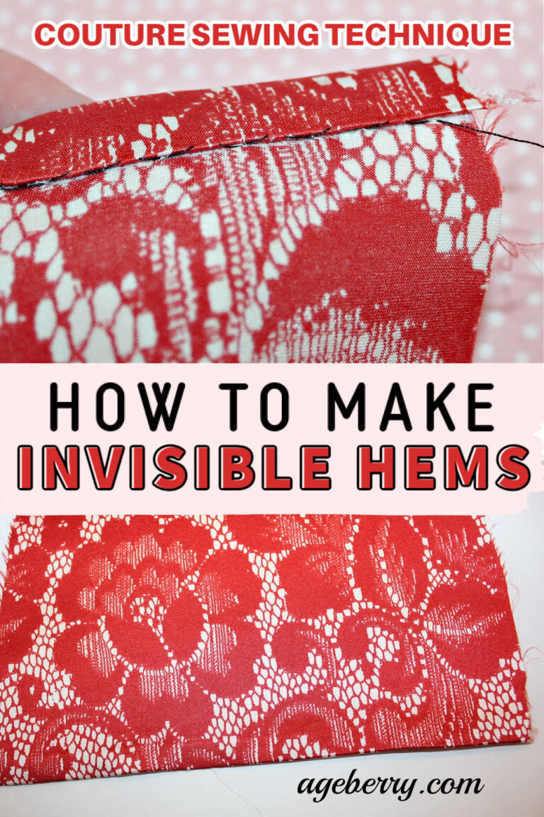 Close-up of a silk fabric with a delicate lace pattern in red and white, showing an invisible hem created using a couture sewing technique. The top part of the image highlights the stitches, while the bottom section displays the smooth, finished hem. Text overlay reads "How to Make Invisible Hems", emphasizing the hand-sewn, professional finish suitable for fine fabrics.