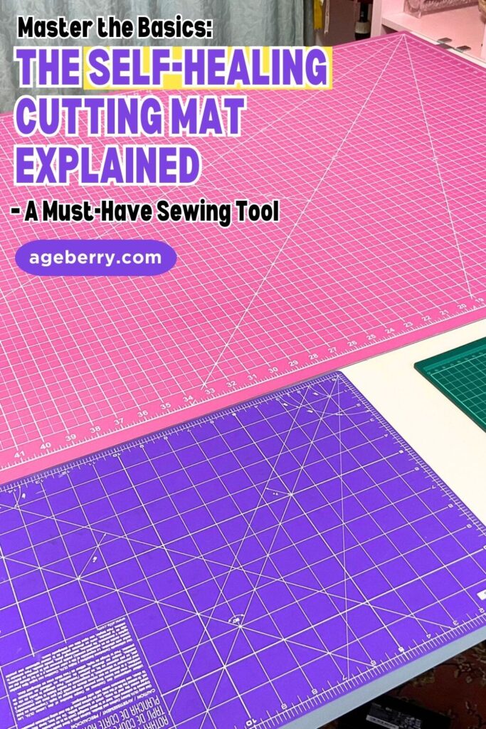 A vibrant sewing workspace featuring two large self-healing cutting mats—one pink, one purple—laid out on a table. The text overlay explains the importance of self-healing cutting mats for sewing and quilting projects.