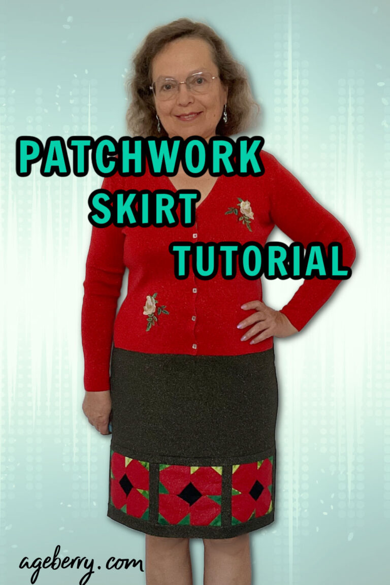 A woman wearing a handmade patchwork skirt with red poppy quilt blocks at the hem, styled with a red cardigan. The background has a light teal gradient, and the text "Patchwork Skirt Tutorial" is prominently displayed. The website "ageberry.com" is written at the bottom.