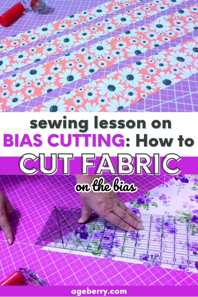 A sewing workspace featuring floral fabric strips cut on the bias, with a rotary cutter and quilting ruler on a pink cutting mat. The text overlay emphasizes a sewing lesson on bias cutting, guiding sewists through the process of cutting fabric diagonally for better drape and flexibility.