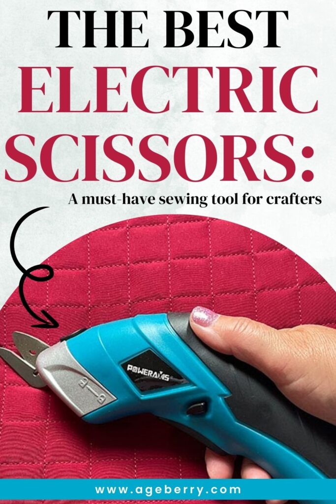 A hand holding a pair of blue electric scissors with a fabric-cutting blade, cutting through a red quilted fabric. The text overlay highlights electric scissors as a must-have sewing tool for crafters, making fabric cutting easier and more efficient.