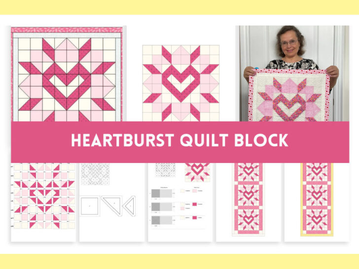 A digital preview of the Heartburst Quilt Block pattern, featuring a pink and white heart-themed quilt design. The image includes quilt block diagrams, cutting templates, fabric layout guides, and a finished quilt example held by a smiling woman. A bold pink banner with white text reads "HEARTBURST QUILT BLOCK."