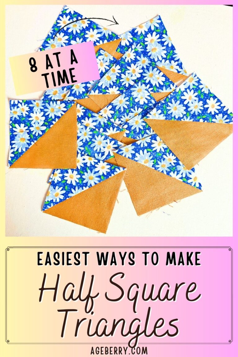 A collection of half-square triangles made from blue floral and gold fabric, neatly arranged. A label in the top left corner reads "8 at a time." The text at the bottom says "Easiest Ways to Make Half Square Triangles," with "ageberry.com" displayed below. The background has a soft pastel gradient.