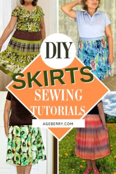 A collage of four DIY skirts featuring different styles and fabrics. The top left shows a green floral tiered skirt with an off-the-shoulder matching top. The top right displays a pleated blue skirt with an elastic waistband. The bottom left features an A-line skirt with a green watercolor floral print, and the bottom right showcases a sheer, layered midi skirt in warm ombré tones. The text overlay reads "DIY Skirts Sewing Tutorials" with the website ageberry.com