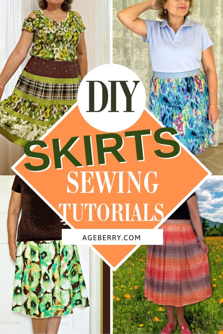 A collage of four DIY skirts featuring different styles and fabrics. The top left shows a green floral tiered skirt with an off-the-shoulder matching top. The top right displays a pleated blue skirt with an elastic waistband. The bottom left features an A-line skirt with a green watercolor floral print, and the bottom right showcases a sheer, layered midi skirt in warm ombré tones. The text overlay reads "DIY Skirts Sewing Tutorials" with the website ageberry.com
