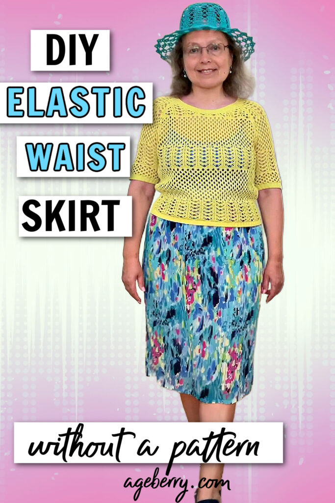 A woman wearing a handmade elastic waist skirt with a colorful abstract pattern. She pairs it with a yellow crochet top and a matching teal sun hat. The text overlay reads, "DIY Elastic Waist Skirt - Without a Pattern," with the website ageberry.com at the bottom. The background is a soft pink gradient with a digital pattern.