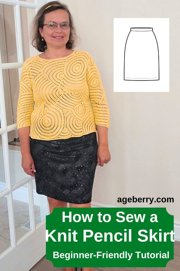 A woman wearing a fitted black knit pencil skirt with subtle sparkle details, paired with a yellow crochet sweater. A simple skirt illustration is included on the right. The text overlay reads, "How to Sew a Knit Pencil Skirt - Beginner-Friendly Tutorial," with the website ageberry.com at the bottom.