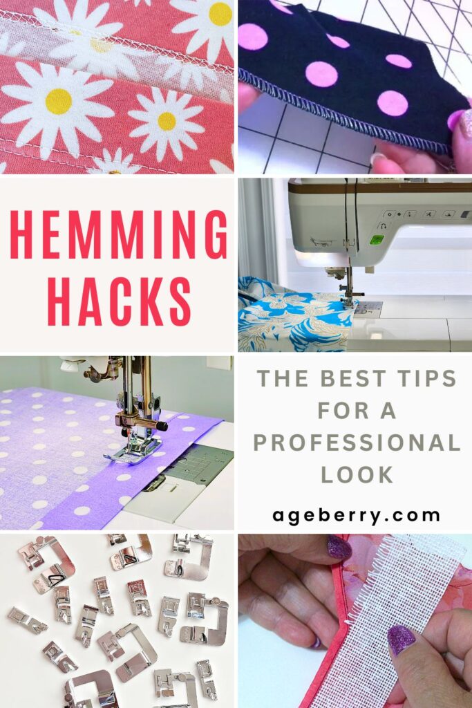 A collage of six images showing various accessories and techniques used to make a hem. The text on the image is "Hemming hacks the best tips for a professional look ageberry.com"