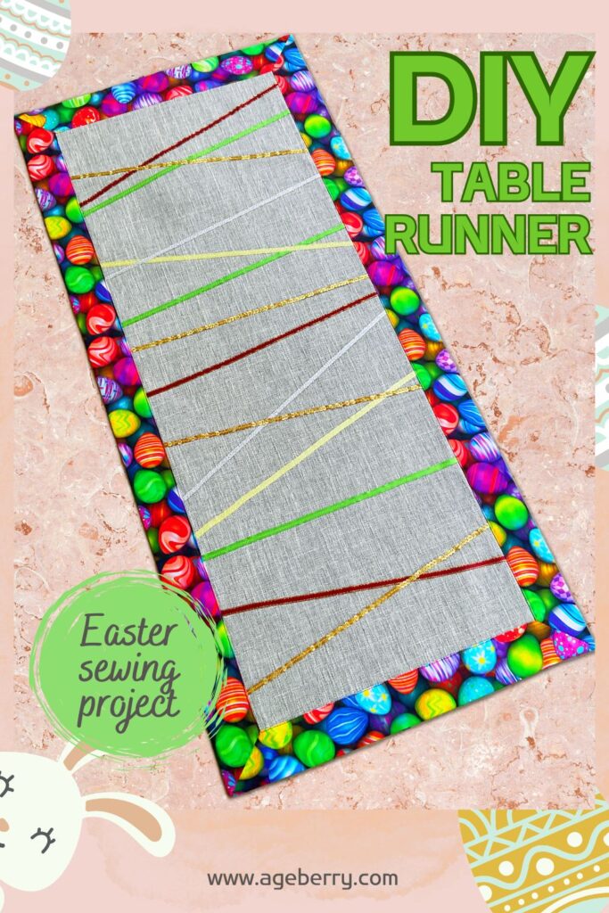 The image shows an Easter themed table runner made with various decorative and sequin ribbons with a binding suggesting colored eggs. The text over the image is "DIY table runner Easter sewing project" and the logo www.ageberry.com