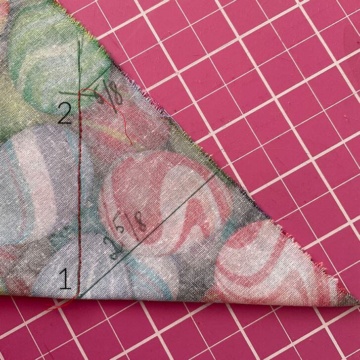 Marking on the fabric points 1 and 2 in preparation for sewing the mitered corner