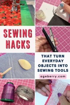 Visual guide showing sewing hacks with everyday objects. Features images of painter’s tape guiding fabric through a sewing machine, nail polish applied to thread, snips held in hand, soap used for marking, Hugo’s Amazing Tape with thread, and Ban-Roll tape sewn into a hem. Text overlay reads: “Sewing Hacks That Turn Everyday Objects into Sewing Tools.”