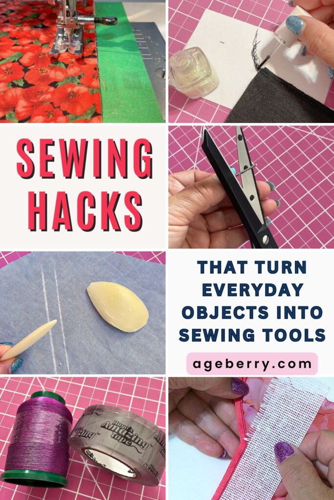 Visual guide showing sewing hacks with everyday objects. Features images of painter’s tape guiding fabric through a sewing machine, nail polish applied to thread, snips held in hand, soap used for marking, Hugo’s Amazing Tape with thread, and Ban-Roll tape sewn into a hem. Text overlay reads: “Sewing Hacks That Turn Everyday Objects into Sewing Tools.”