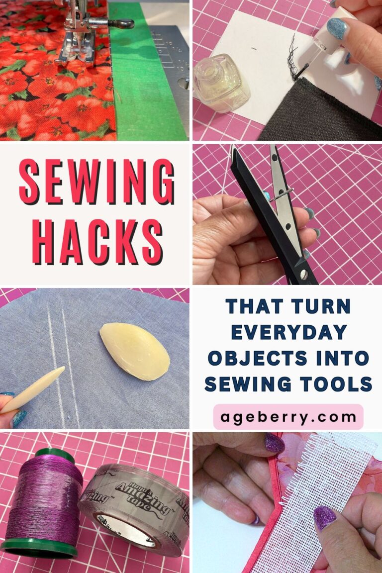 Visual guide showing sewing hacks with everyday objects. Features images of painter’s tape guiding fabric through a sewing machine, nail polish applied to thread, snips held in hand, soap used for marking, Hugo’s Amazing Tape with thread, and Ban-Roll tape sewn into a hem. Text overlay reads: “Sewing Hacks That Turn Everyday Objects into Sewing Tools.”