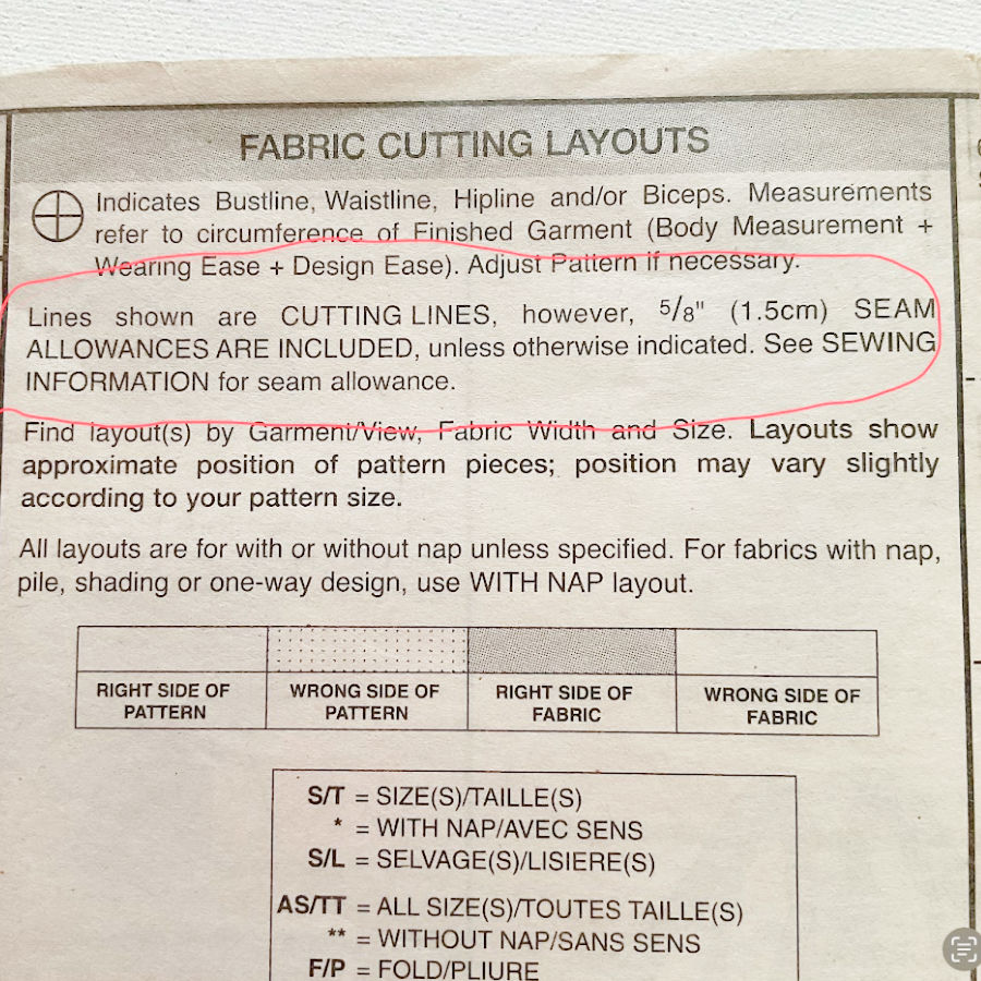 Image of instructions from a pattern which includes the seam allowances in the cutting lines