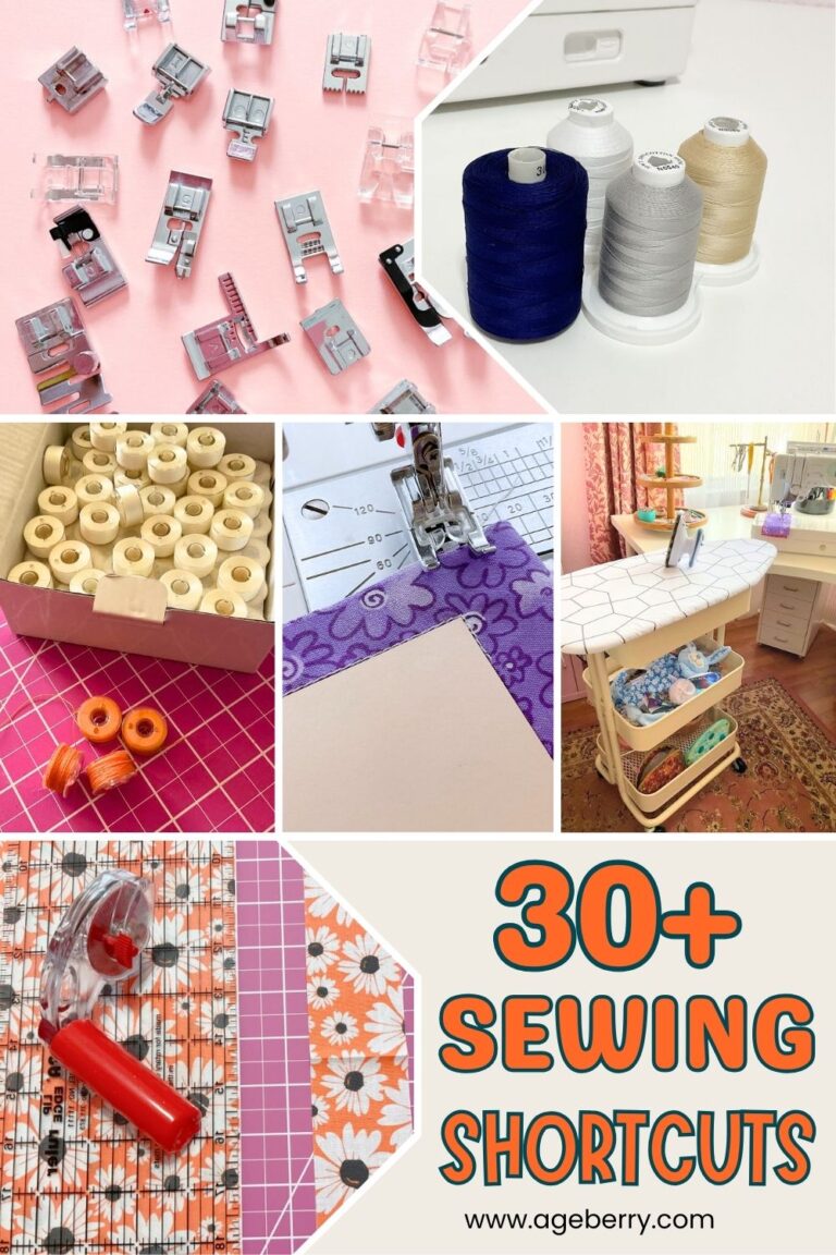 Collage of sewing tools including sewing machine feet, prewound bobbins, thread spools, rotary cutter, and a three-tier rolling cart ironing station. Text overlay reads “30+ Sewing Shortcuts” with website ageberry.com