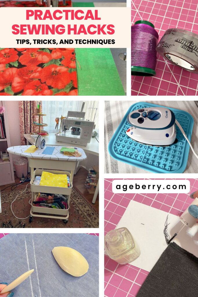 Collage of practical sewing hacks using household items. Includes images of painter’s tape used as a seam guide, Hugo’s Amazing Tape wrapped around thread spools, a mini iron on a silicone trivet, a rolling cart pressing station setup, soap used for fabric marking, and clear nail polish used on thread ends. Text overlay reads: “Practical Sewing Hacks - Tips, Tricks, and Techniques.”