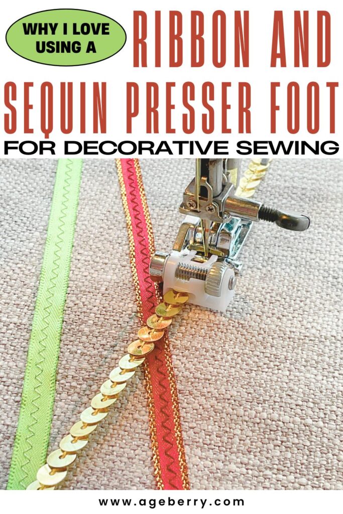 A sequin ribbon presser foot while sewing. Two ribbons in the background already sewn on a piece of material
