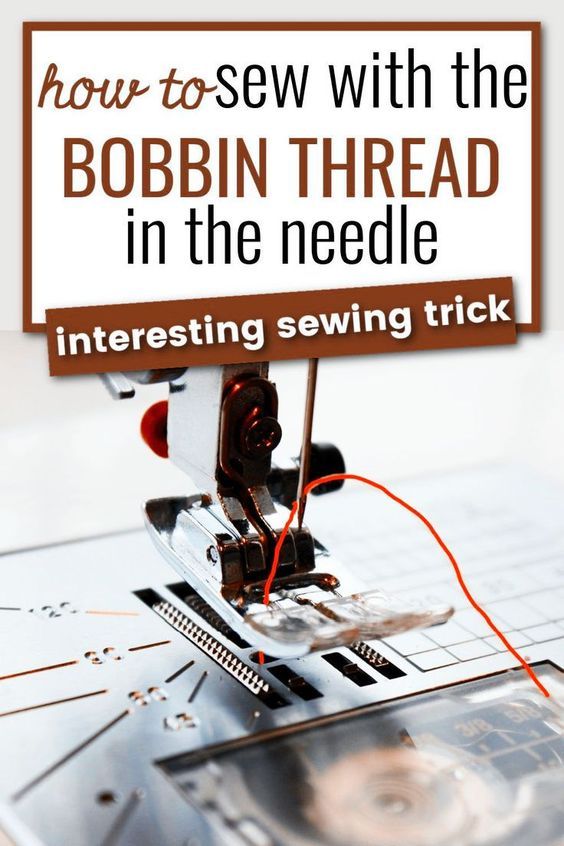 A sewing machine needle assembly with the thread coming from the bobbin inserted in the needle. The text "how to sew with the bobbin thread in the needle interesting sewing trick" is overlayed on the image