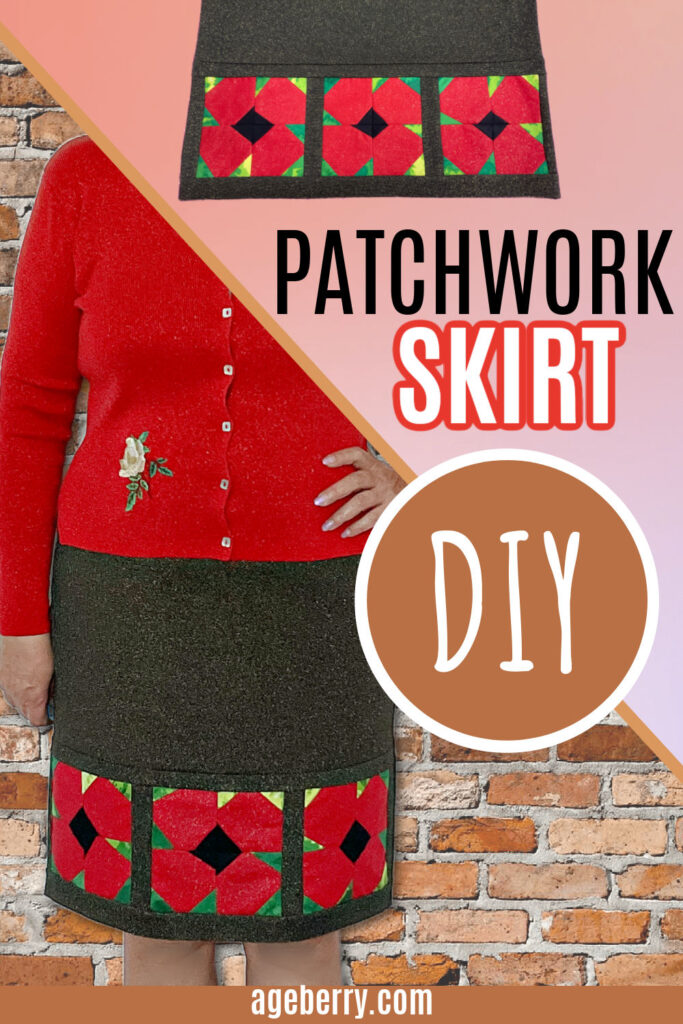 A close-up of a patchwork skirt featuring a bold red and green quilted design at the hem. The skirt is paired with a red cardigan. The text overlay reads, "Patchwork Skirt DIY," with the website ageberry.com at the bottom. The background features a warm brick texture.