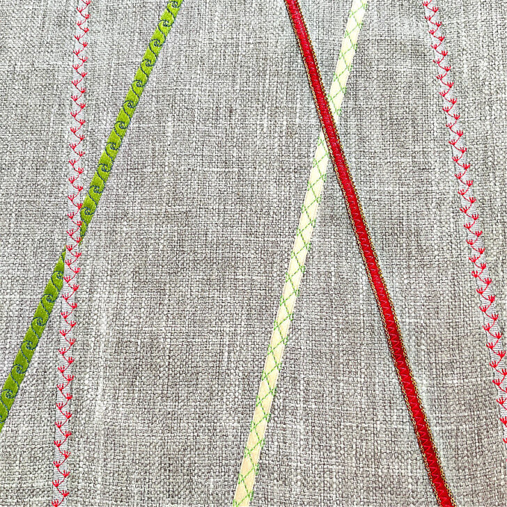 A close up of the decorative stotches used to sew the ribbons to the placemat