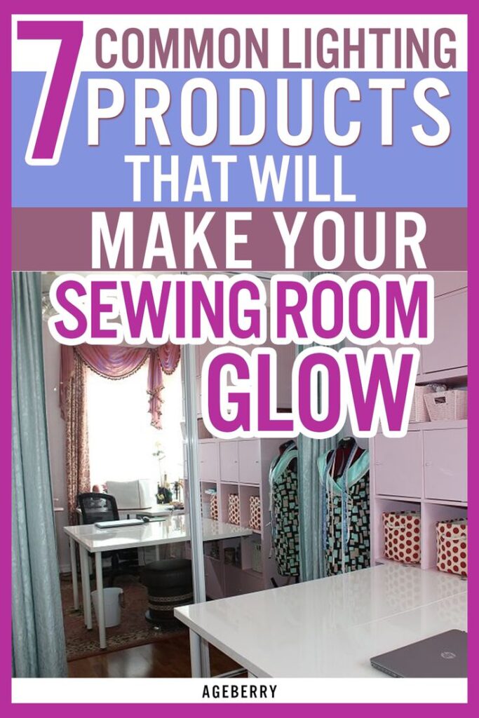 A well lit sewing room with a cutting table in the foreground and a large mirror in the background the text "7 common lighting products that will make your sewing room glow" and the logo ageberry superimposed on the image