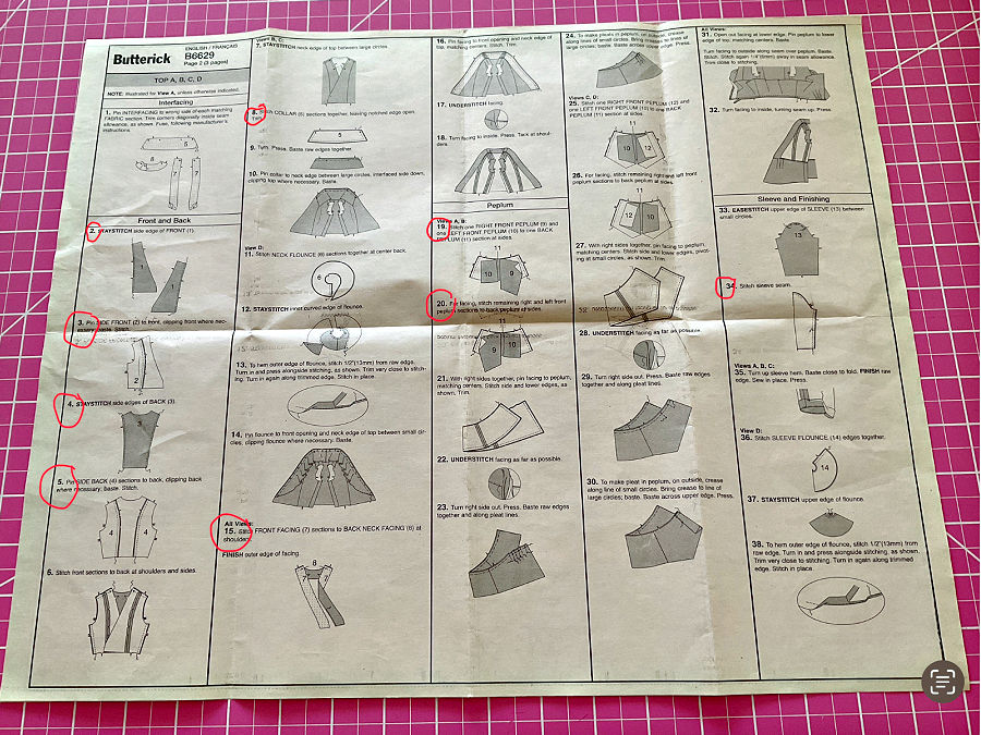Image of a pattern description from the manufacturer with steps that are similar and can be grouped together highlighted