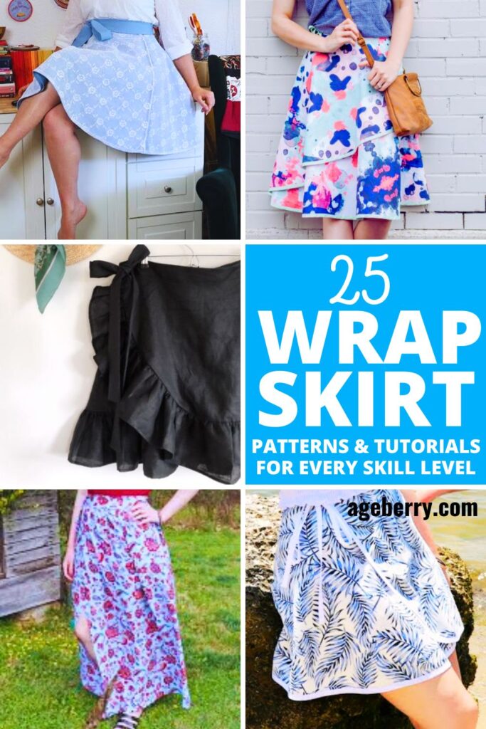 A collage of five different wrap skirts, including ruffled, floral, and asymmetrical designs. The text overlay reads, "25 Wrap Skirt Patterns & Tutorials for Every Skill Level," with the website ageberry.com at the bottom. The background is bright and modern, with a blue and white color scheme.