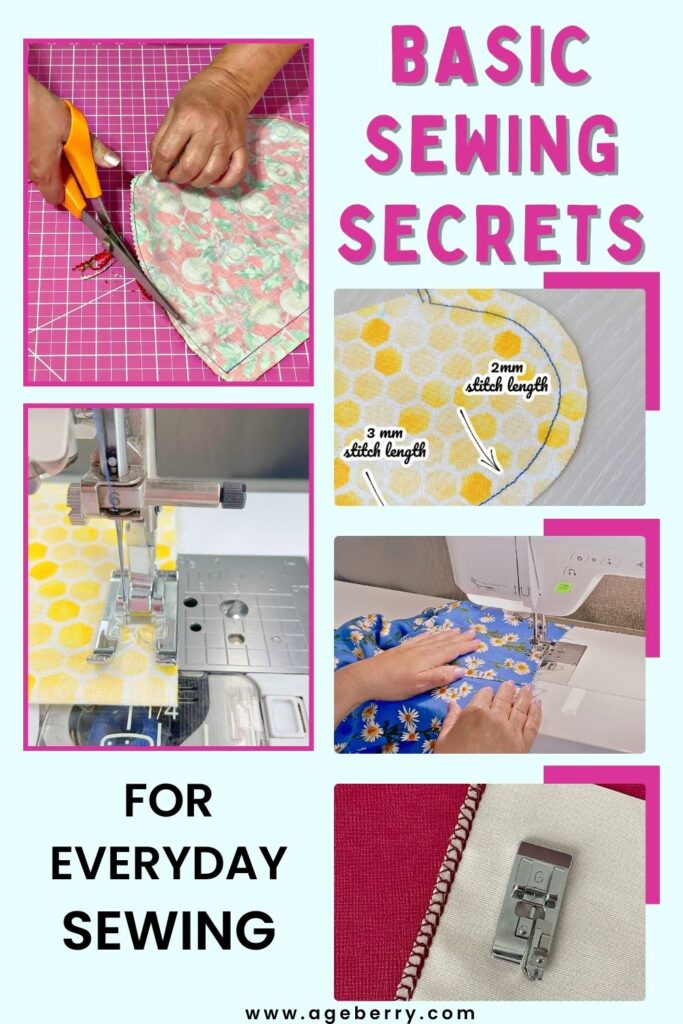 Collage showing basic sewing tips for beginners including trimming curves with pinking shears, adjusting stitch lengths for curves, sewing straight lines with a sewing machine, and using a sewing machine. Text overlay reads 'Basic Sewing Secrets for Everyday Sewing