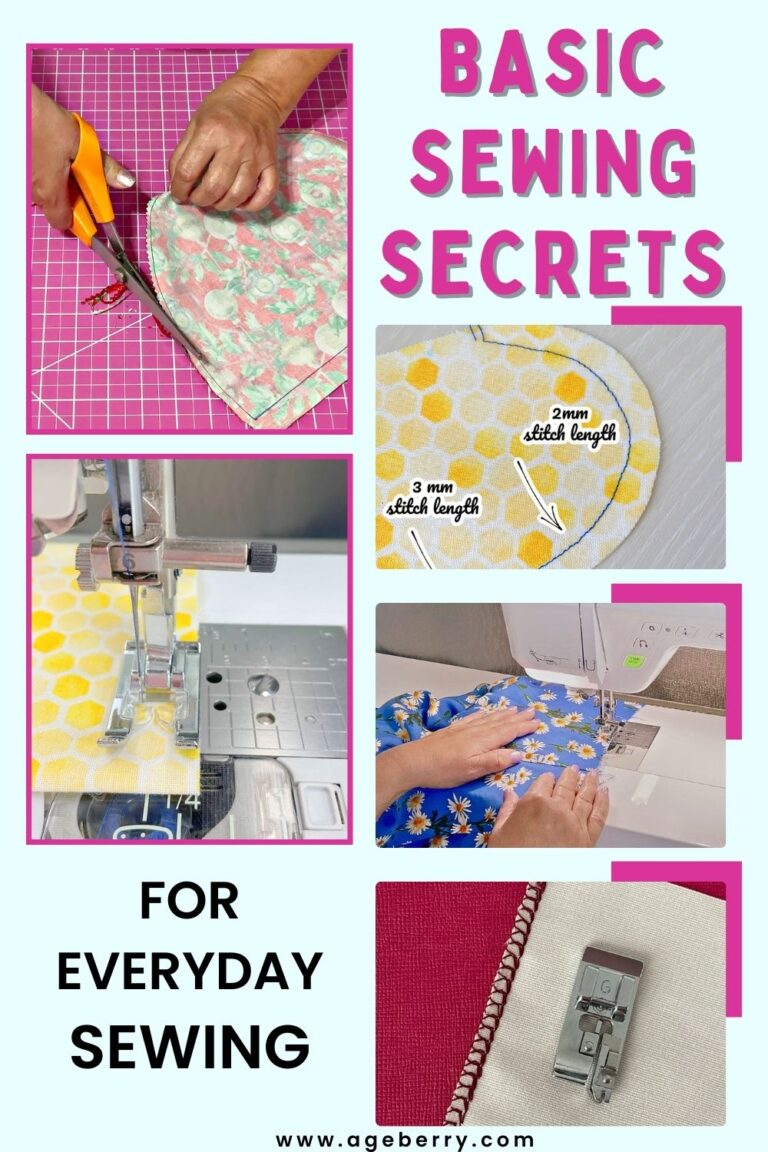 Collage showing basic sewing tips for beginners including trimming curves with pinking shears, adjusting stitch lengths for curves, sewing straight lines with a sewing machine, and using a sewing machine. Text overlay reads 'Basic Sewing Secrets for Everyday Sewing