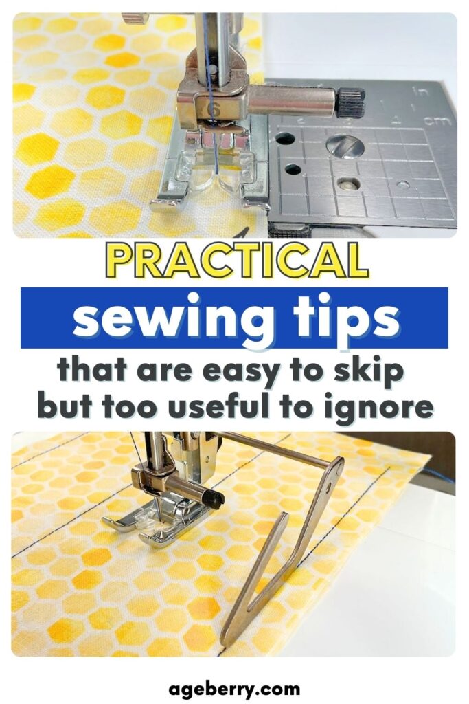 Close-up images of sewing machine feet in use for straight stitching with a quilting guide bar. Text overlay reads 'Practical Sewing Tips That Are Easy to Skip but Too Useful to Ignore